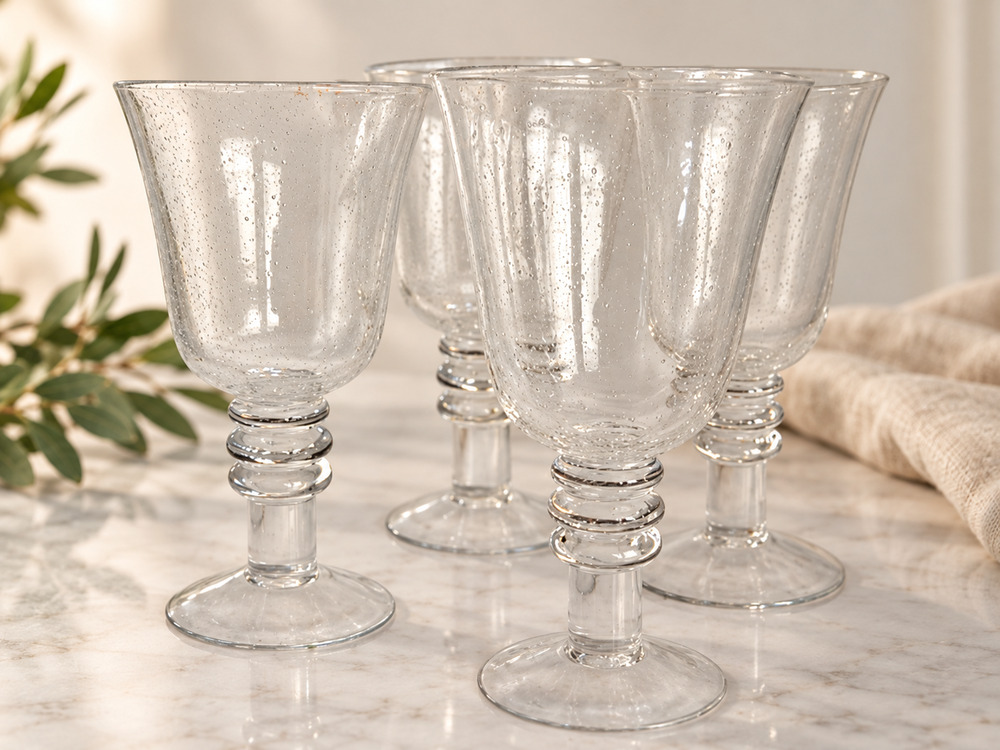 Vintage Handblown Elegant Glass Goblets Set of 4 Triple Knop Stem Seed Bubbles